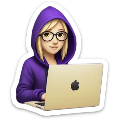 Girl blond artist with round glasses left side behind his laptop with this style: Alan Walker Singer purple character purple black hooded hacker themed character sticker