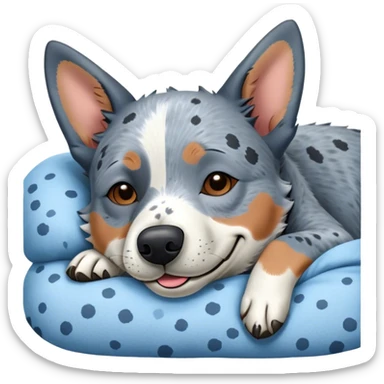 Meme-Worthy Cute Sleeping Blue Speckle Australian Cattle Dog Portrait Emoji, Head resting peacefully with a contented smile, showcasing a robust build and a luxuriously soft blue speckle Fur, eyes shut in a serene nap, Simplified yet hilariously adorable features, highly detailed, glowing with a soft, drowsy light, high shine, relaxed and utterly lovable, stylized with an air of playful laziness, bright and heartwarming, soft glowing outline, capturing the essence of a comically sleepy herder, so meme-worthy it feels like it could instantly become the next viral sensation of adorable slumber! sticker