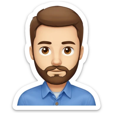 Head portrait of Puerto Rican actor René Monclova. Round face, wide jaw, light complexion. Expressive brown eyes, thick eyebrows. Short brown hair. Unkempt beard, medium length and brown. Friendly expression. Wearing a blue button-up shirt. sticker