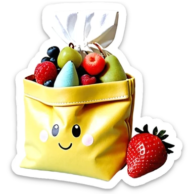 Ein weicher, bunter Standbeutel für Kinder, gefüllt mit püriertem Obstmus. Oben hat er einen kleinen wiederverschließbaren Schraubverschluss, aus dem Kinder direkt trinken oder saugen. Verpackung wie Babynahrung-Beutel aus dem Supermarkt, mit fröhlichem Obst-Design (Apfel, Banane, Erdbeere). sticker