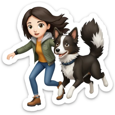 A beautiful girl with fair skin wearing a jacket chasing a Border Collie sticker