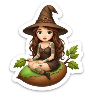 cute forest witch woman long wavy brown hair tattoos sitting inside acorn sticker