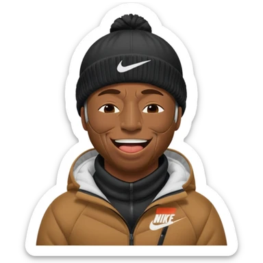 black guy with nike ski mask on squinching his face with his mouth closed trying to hold his laugh with his eyes closed sticker