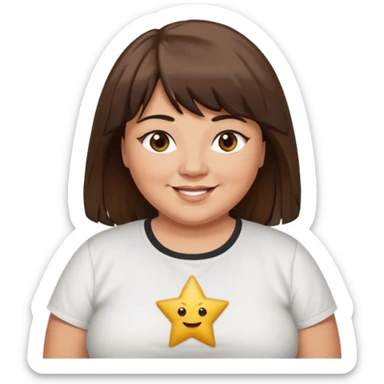 middle aged overweight woman with tan skin, black star next to left eye, long brown hair with bangs, brown eyes, smiling, white t-shirt sticker
