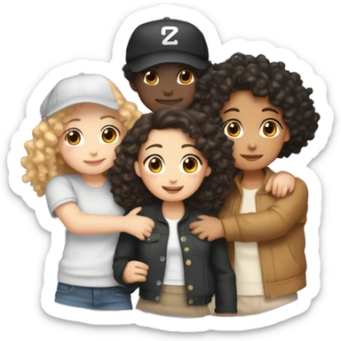 Five friends hugging - one white nonbinary person with short curly hair, 1 white girl with curly hair, 1 Chinese girl with a baseball hat, 1 light skin girl with long brown hair and 1 light skin girl with long black hair  sticker