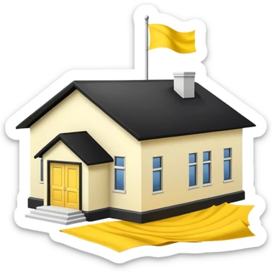 simple magic school, white background, magic school, black roof, with a big flag, big flag on a roof, big yellow flag, white school sticker