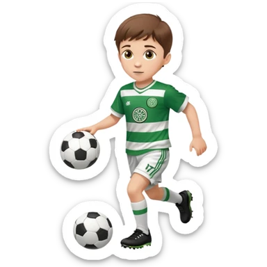 Celtic footballer jersey logo  6 years old brown hair white boy , brown eyes , stripes uniform , RUNNING  with soccer ball # 17 celtic football logo PUT ONLY ONE LOGO ONE CELTIC LOGO ONLY white shorts sticker