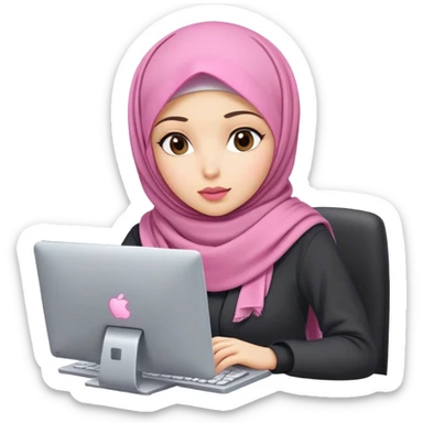 white skin hijab scarf woman working in computer. Her outfit is white, her lips is pink, her expression is focused on computer sticker