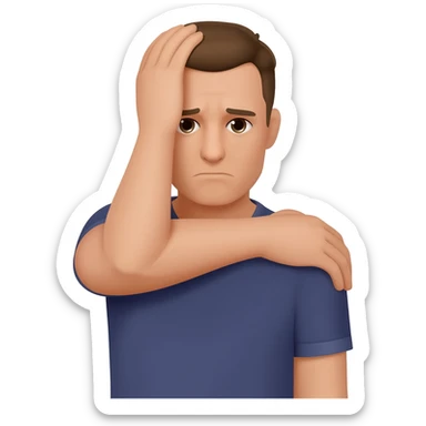 A man who is depressed with his left arm draped over his head so his left hand is touching his right shoulder sticker
