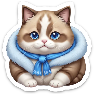 Cinematic Cute Chubby Brown Mantle Snowshoe Cat Portrait Emoji, Round and plump body, soft brown fur draped over its back like a luxurious coat, contrasted by fluffy white paws, chest, and an adorably chubby face, big, sparkling icy-blue eyes, Simplified yet irresistibly adorable features, highly detailed, glowing with a warm, cozy glow, high shine, curious yet calm, stylized with a touch of whimsy, bright and endearing, soft glowing outline, capturing the essence of a mischievous yet lazy and lovable kitty, so cuddly it feels like it could waddle right out of the screen for a snuggle! sticker