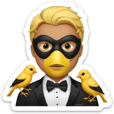 A man facing forward wearing a tuxedo with a mask depicting a yellow canary. sticker