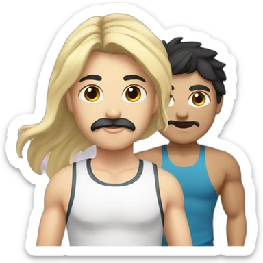 A guy with white skin, black hair, and a mustache with a blonde girl going to the gym sticker
