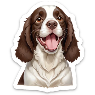 Cinematic Cute Yawning Springer Spaniel Portrait Emoji, Head tilted slightly with a dramatic, wide-open yawn, showcasing a smooth Fur of liver and white with crisp markings, floppy ears slightly drooping, round brown eyes barely open in drowsy contentment, Simplified yet irresistibly adorable features, highly detailed, glowing with a soft, cozy glow, high shine, relaxed yet expressive, stylized with a touch of whimsy, bright and endearing, soft glowing outline, capturing the essence of a sleepy yet affectionate companion, so drowsy it feels like it could stretch right out of the screen and curl up for a nap! sticker