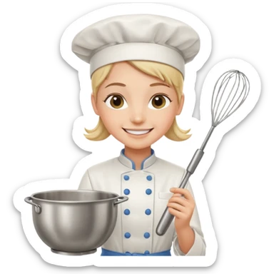 Young Pastry Chef – smiling, holding whisk and mixing bowl. sticker