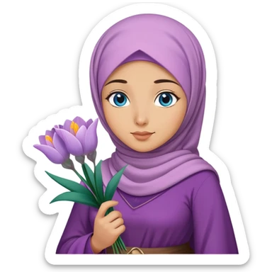 Turkish beautiful finish Konya girl blue eyes with crocus flower hijab long tail dress and hold crocus flower on hand  sticker
