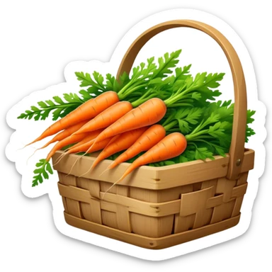 Cinematic vibrant orange carrot, crisp and fresh, slightly twisted with green leafy tops, arranged in a rustic wooden basket, natural and inviting. sticker