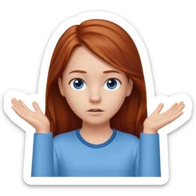 shrugging emoji tween long auburn hair light blue shirt with a darker blue L sticker