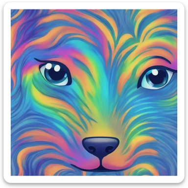 Multicolored rainbow retro groovy tie dye hippie trippy floral patterns on a metallic holographic iridescent blue dog face head unicorn sticker