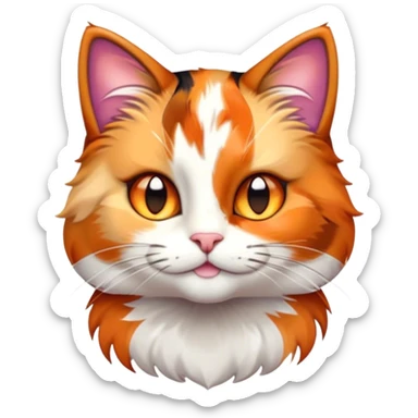 Cinematic Cute Calico Cat Portrait Emoji, Head tilted playfully with sparkling, inquisitive eyes and a charming patchwork fur of orange, black, and white, simplified yet irresistibly adorable, highly detailed, glowing with a warm, inviting glow, high shine, bubbly and affectionate, styled with a touch of whimsical feline charm, soft glowing outline, capturing the essence of a delightfully cute calico cat that looks as if it could prance off the screen into your heart! sticker