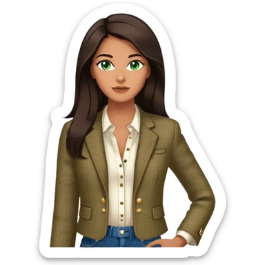 a 30 year old female venture capitalist with greek tan skin, 6 ft tall, long dark brown hair and blue/green eyes, wearing a chanel tweed jacket and trendy jeans - no collar, no tie, dark tan skin sticker
