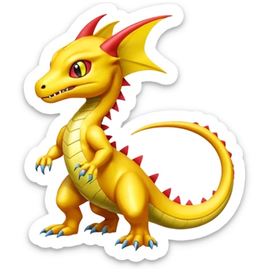 Cute Shiny yellow iridescent Guilmon-Salandit-Fakémon-hybrid-creature (full body)  sticker