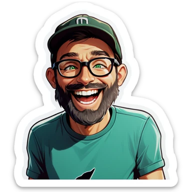 A man with a grey baseball cap, green eyes, big dark brown beard and glasses, laughing sticker