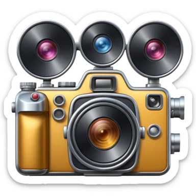 Minimal emoji icon of a huge cinematic metalic camera, front view, simple shapes, realistic lens,  sticker