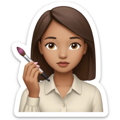 Draw a mixed-race girl applying makeup, wearing a clean girl blouse and with straight brown hair  sticker