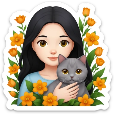 A beautiful girl with long black hair happily holds a Ginger British Shorthair Cat in the flowers sticker