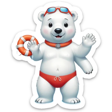 full body friendly anthropomorphised polar bear smiling, wearing colorful swim shorts, red and white life buoy around waist, swim goggles, standing in small pool of water sticker