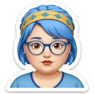 fat woman with blue hair and glassess and headband sticker