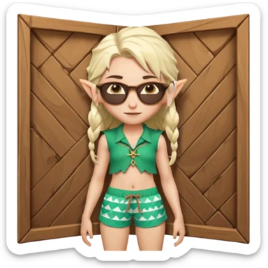elf female legolas portrait, patterned board shorts (geometric/abstract), unique wooden-framed sunglasses, undercut hairstyle, slight smirk, visible pointy ears, no background, centered emoji, hipster summer vibe coctails  sticker