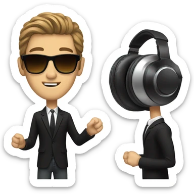 White Man brown hair with sunglasses DJ black jacket skinny tie headphones spinning records sticker