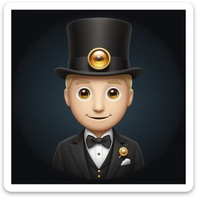 modern emoji-style figure in a tailored suit, top hat, and monocle, small all-seeing eye pin on the lapel, sly confident smile, aura of exclusivity, dark secretive background sticker