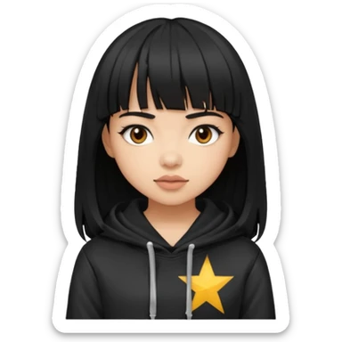 black-haired girl with bangs and light skin with brown eyes and a rockstar hoodie  sticker