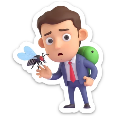 annoyed man looking at a fly sticker