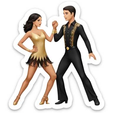 Photorealistic dancesport professional latin couple dancing the samba at the competition dancefloor, the women is in skinny short sparkly dress, the man is in black shirt and black classic pants, the women has brown long hair, the man has short black hair, the man hold woman's hand  sticker