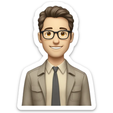 Joyful Full height Pale skinned Fit Man With dark brown hair in gray jacket, beige office shirt, Brown pants and vintage glasses. His thrumbs up sticker
