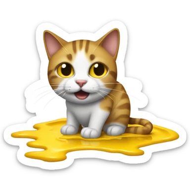 A cat with crutches slips on a puddle of mustard sticker
