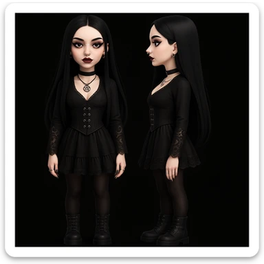 Make the woman more attractive with facial piercings, remove her fringe, dress her in gothic clothing, keep her pale skin and long straight black hair, standing still, with no background. sticker