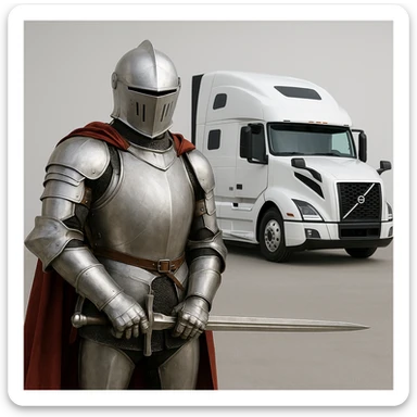 a white knight in shining armor with a 2022 white Volvo semi sleeper truck in the background, heroic, modern, clean background sticker