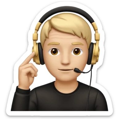 thinking emoji wearing over-ear headphones with microphone, one eyebrow raised quizzically, the other slightly furrowed, hand with thumb and index finger on chin in classic contemplative pose sticker