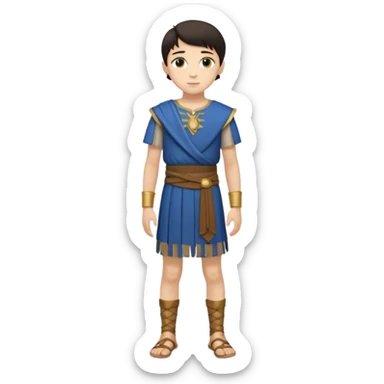 Niño: niño entre ⅞ años y 10/14 años, delgado, blanco de piel, moreno, ojos ni muy claros ni muy oscuros, bueno y simpático. cuerpo entero, época púnica sticker
