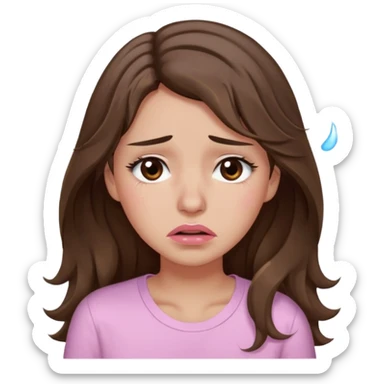 girl with wavy long brown hair, brown eyes, light to medium complexion, long lashes, light pink lipstick, wearing light pink shirt, weeping lots of big tears sticker