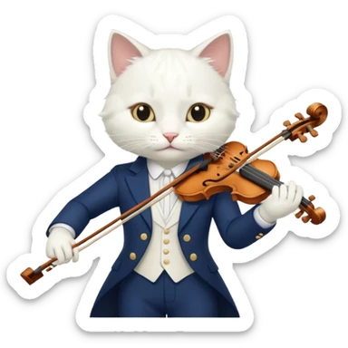 white cat play violin, wear navy suit sticker