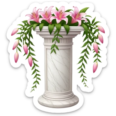 White tall marble pedestal with vines growing on it and pink lilies, beautiful romantic scenery  sticker