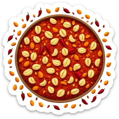 a handful of crushed chili flakes, scattered, deep red and orange, irregular, some yellow seeds, dry rough surface, spicy, no extras, apple emoji style, soft lighting, transparent background, emoji scale sticker