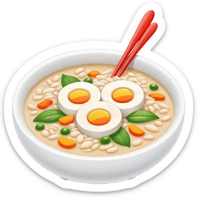Laba Festival congee with colorful ingredients and garnishes, simplified emoji style with bold outlines and bright colors, cartoon style traditional Buddhist ceremonial porridge sticker