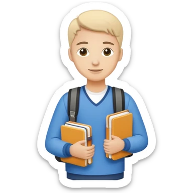 A flat-style illustration of a university student, holding a few textbooks and wearing a messenger bag. Clean, modern cartoon style, white background, iOS emoji aesthetic. sticker