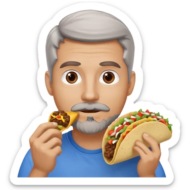 White man, blue eyes, brown gray hair, gray goatee, eating a taco sticker